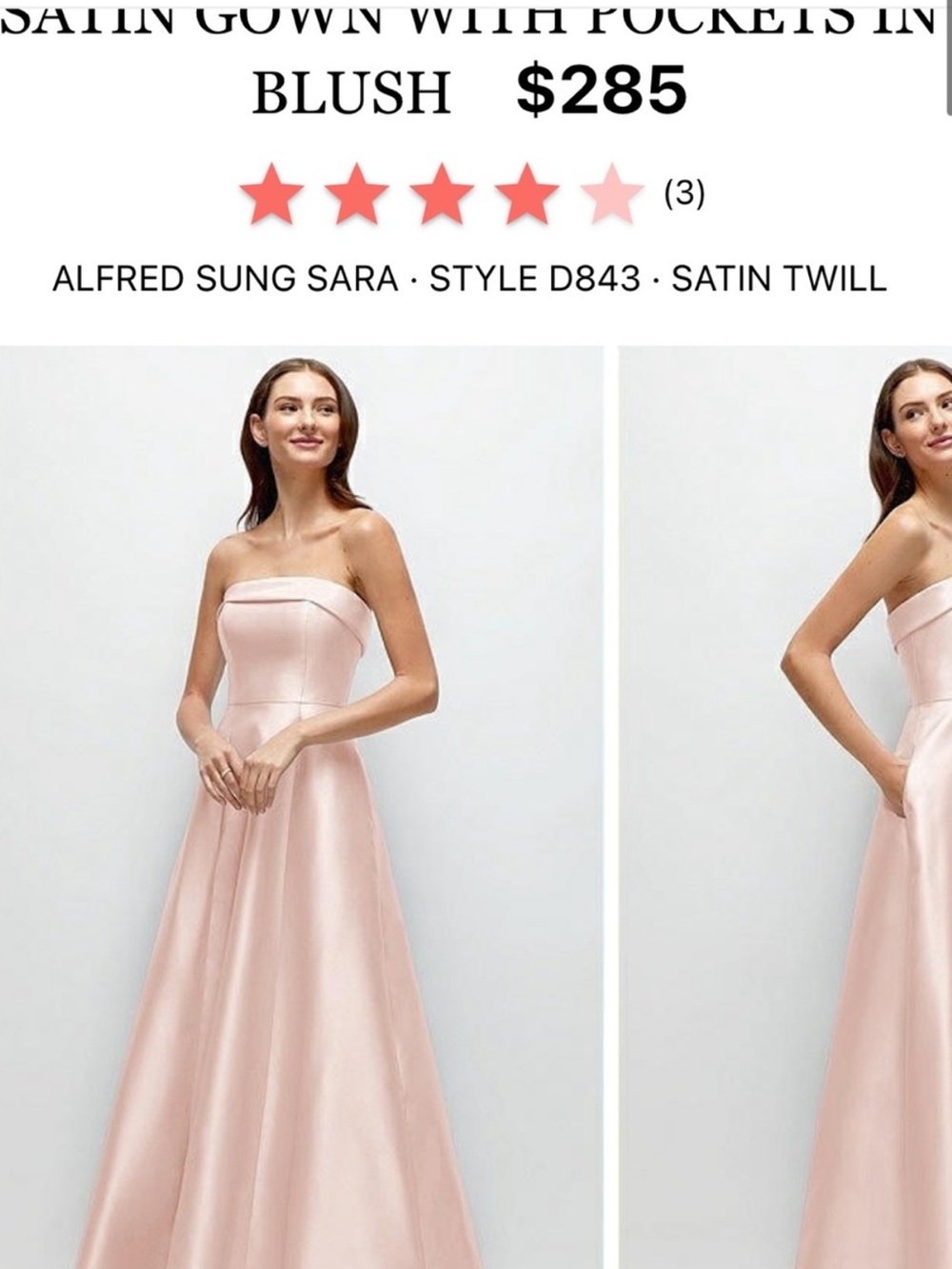 Alfred Sung D843 Blush Pink Strapless Satin Twill Gown Dress Folded Neck Size 6
